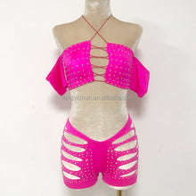 Load image into Gallery viewer, Luxe Lace-Up Cutout Shorts Set – Rhinestone Off-Shoulder Two-Piece