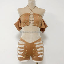Load image into Gallery viewer, Luxe Lace-Up Cutout Shorts Set – Rhinestone Off-Shoulder Two-Piece