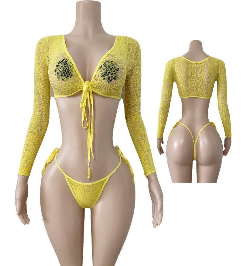 Sheer Lace Wrap Crop Top & Thong Set