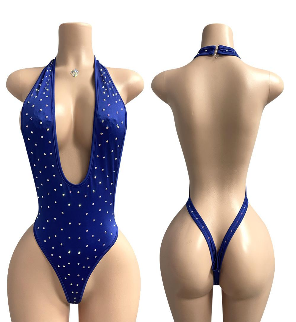 Royal Rhinestone Deep-V Monokini Bodysuit – Sparkle Halter Thong One-Piece