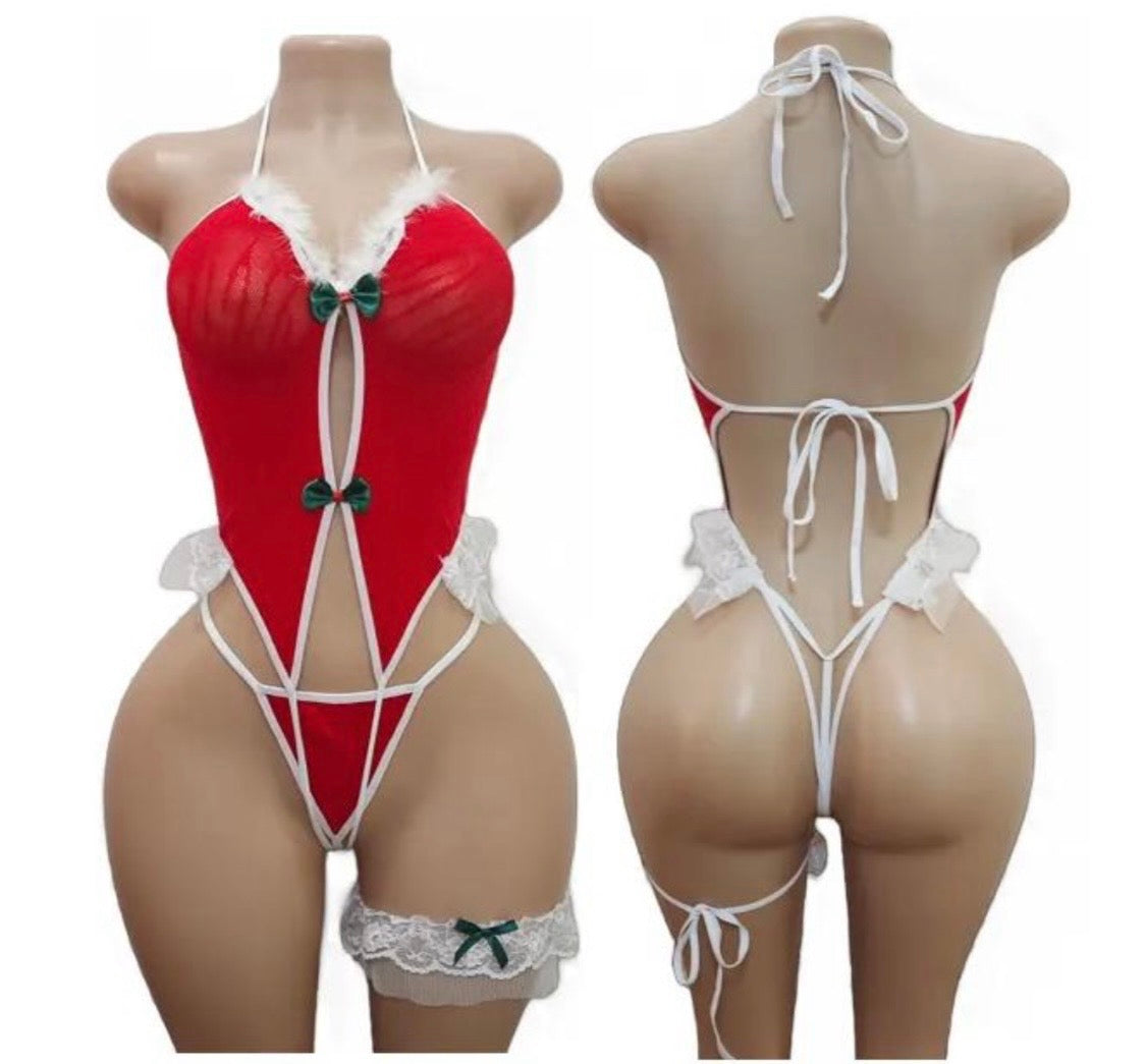 Holiday Bow Lace Teddy with Garter Accent