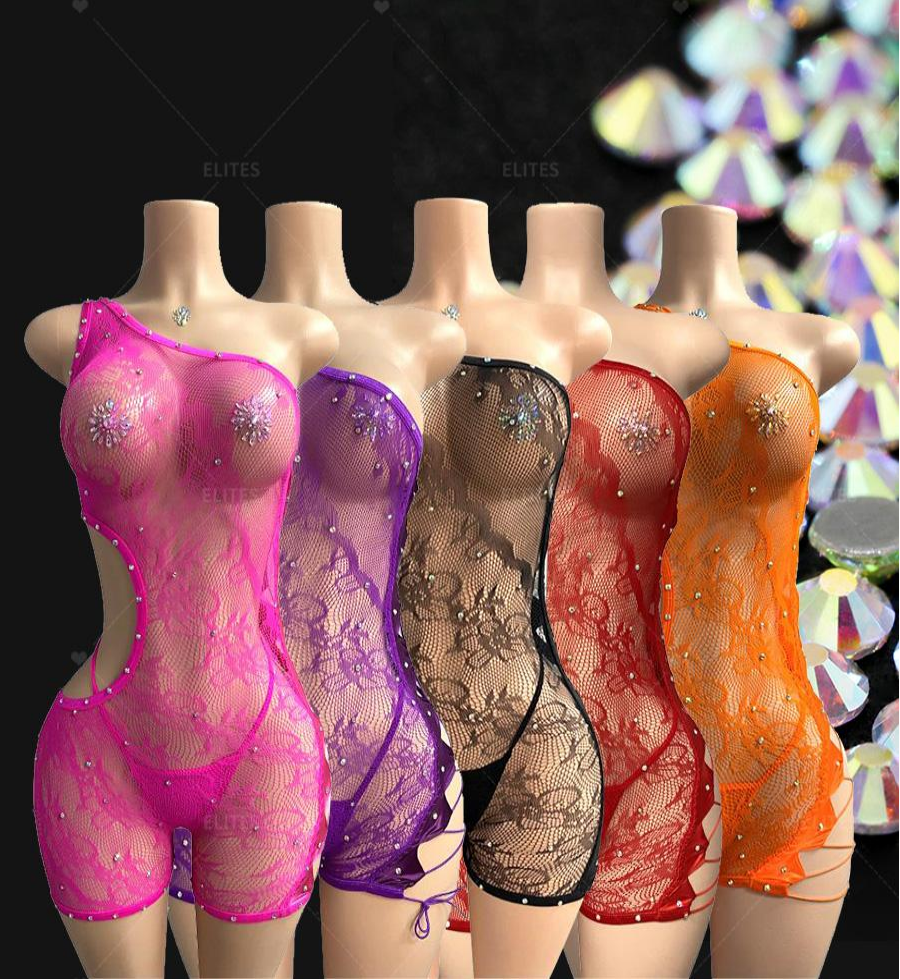 One-Shoulder Crystal Lace Cutout Romper