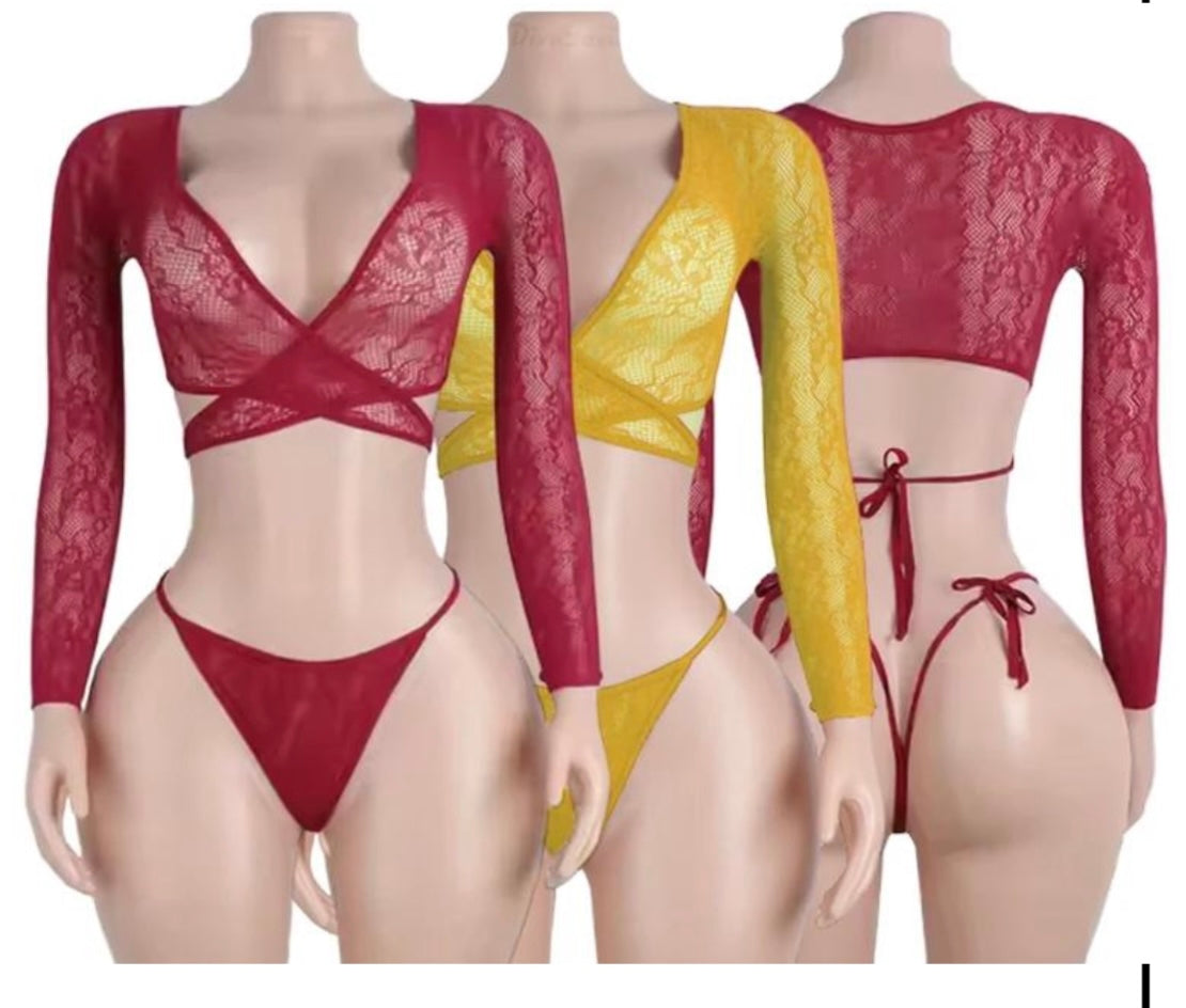 Sheer Lace Wrap Crop Top & Thong Set
