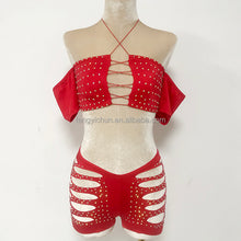 Load image into Gallery viewer, Luxe Lace-Up Cutout Shorts Set – Rhinestone Off-Shoulder Two-Piece
