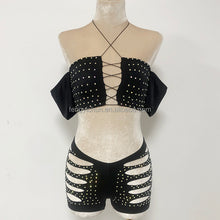 Load image into Gallery viewer, Luxe Lace-Up Cutout Shorts Set – Rhinestone Off-Shoulder Two-Piece
