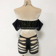 Load image into Gallery viewer, Luxe Lace-Up Cutout Shorts Set – Rhinestone Off-Shoulder Two-Piece

