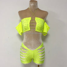 Load image into Gallery viewer, Luxe Lace-Up Cutout Shorts Set – Rhinestone Off-Shoulder Two-Piece
