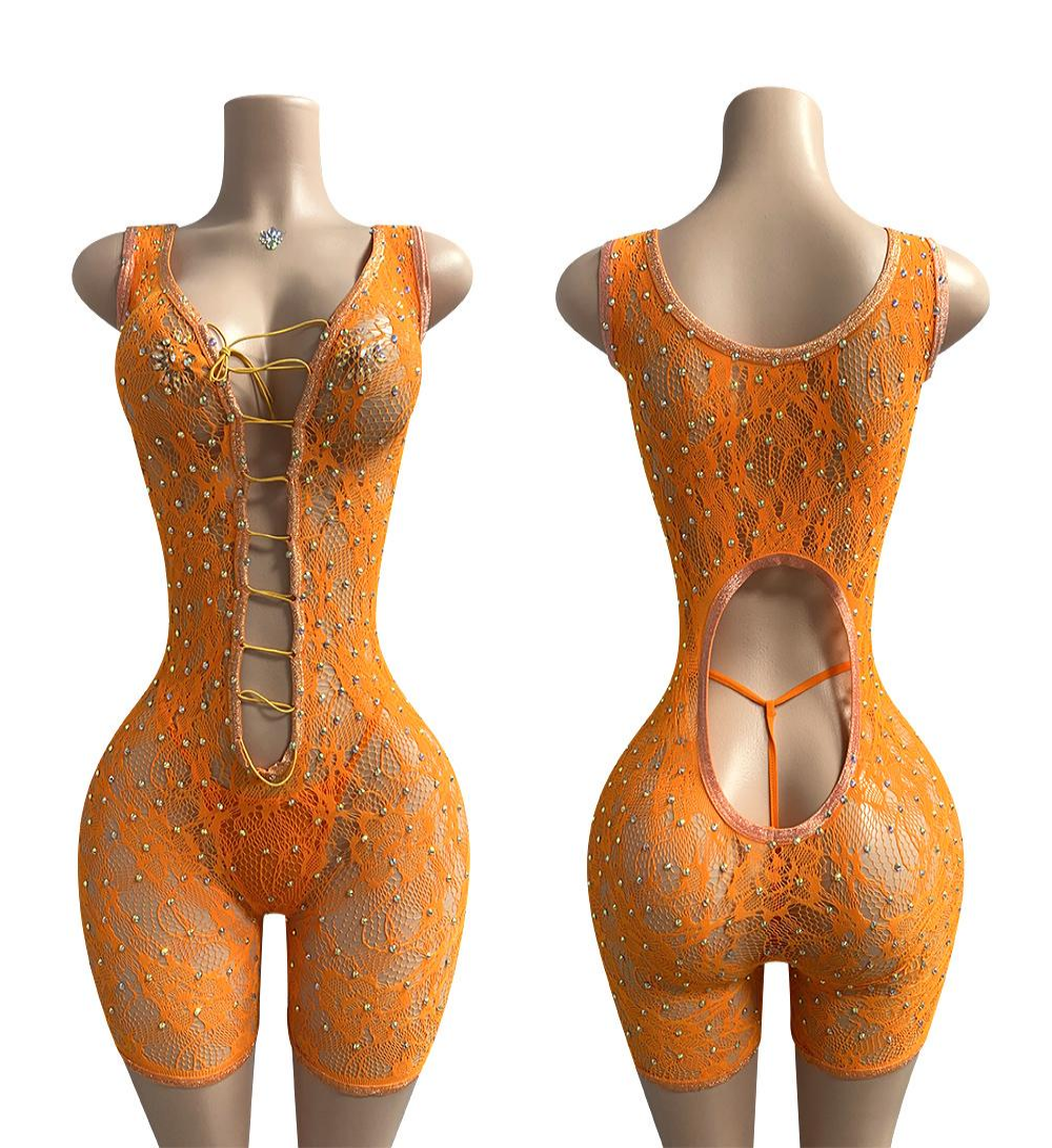 Lace-Up Crystal Mesh Backless Romper