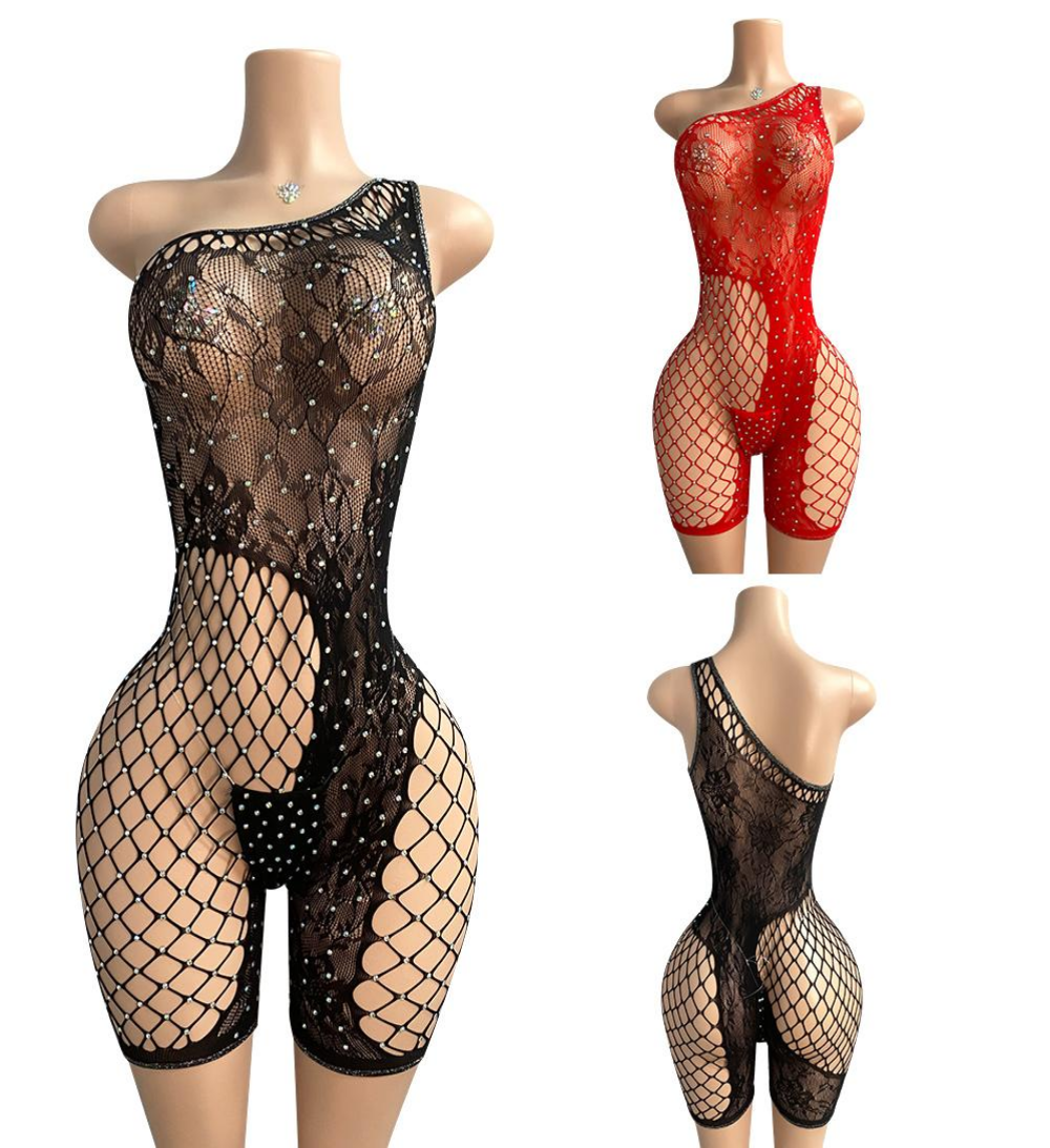 Diamond Net One-Shoulder Mesh Romper