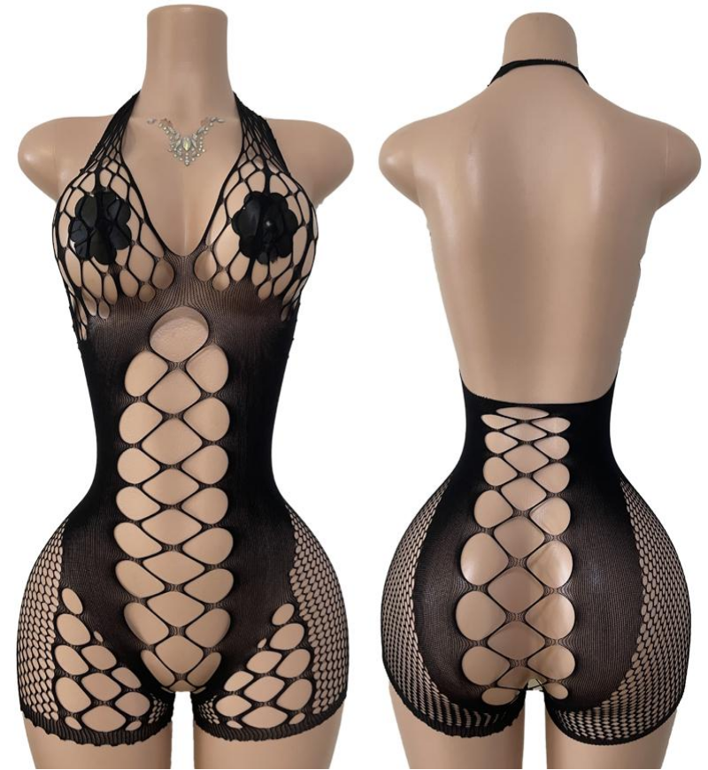 Midnight Siren Mesh Romper – Criss-Cut Halter One-Piece
