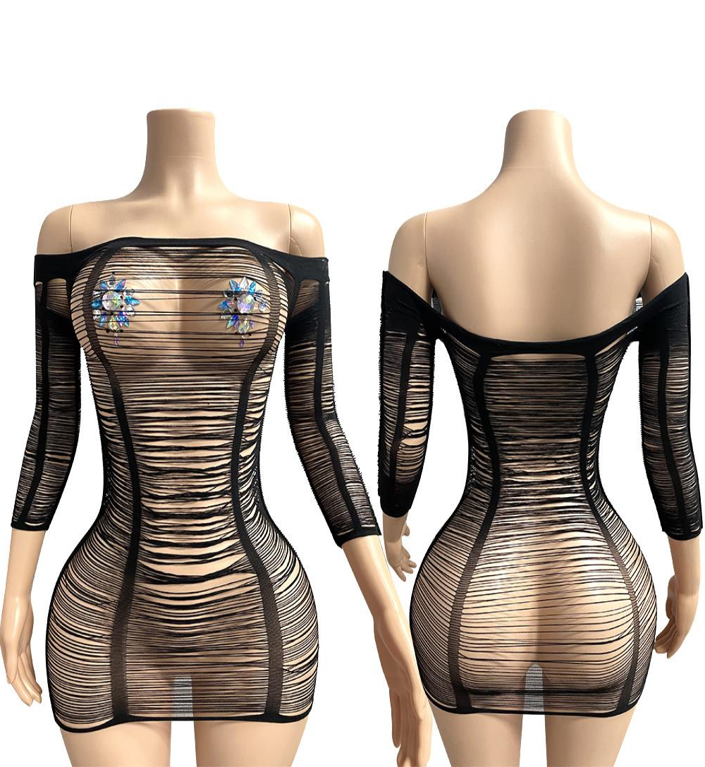 Midnight Threads — Off-Shoulder Mesh Mini Dress